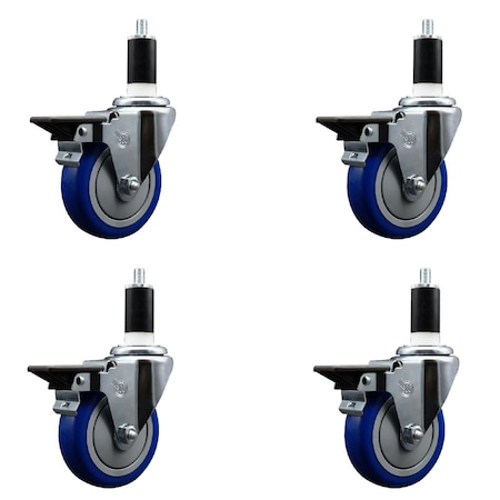 Service Caster 4'' Blue Poly Swivel 1-3/8'' Expanding Stem Caster Set with Brake, 4PK SCC-EX20S414-PPUB-BLUE-PLB-138-4